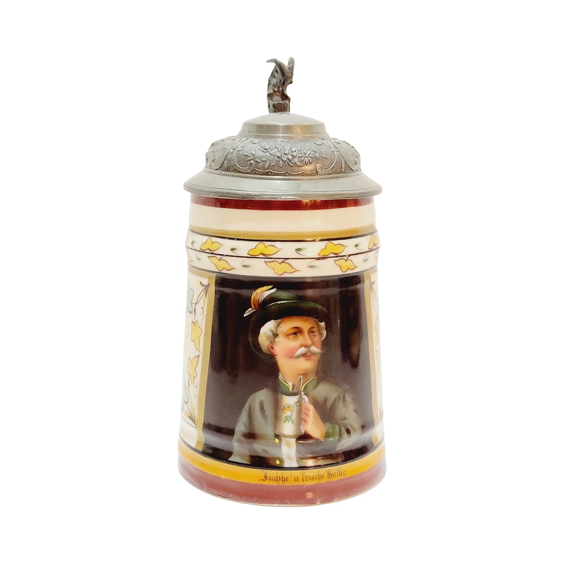 Antique Stein, German Beer Stein, Tyrolean Portrait Stein: 1/2 Liter porcelain very nicely hand painted over matte glaze with nice pewter lid and a bock thumblift, circa late 1890's