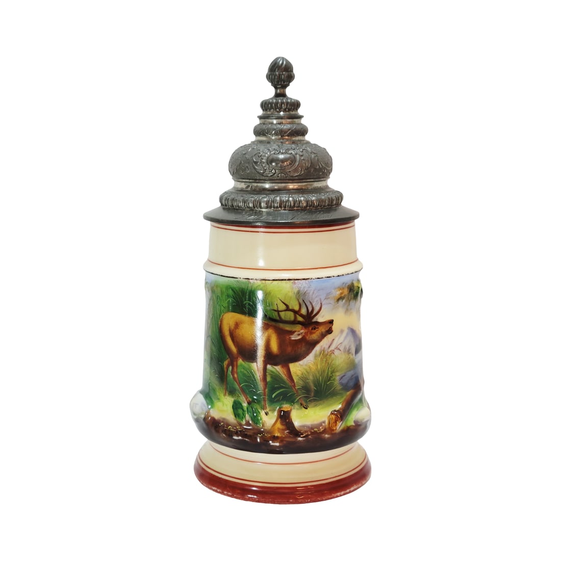 Antique Stein, German Beer Stein, Stag Stein: 1/2 Liter porcelain nicely hand painted with a tree branch handle, which is uncommon, and lithophane, very nice engraved pewter lid, circa late 1890's