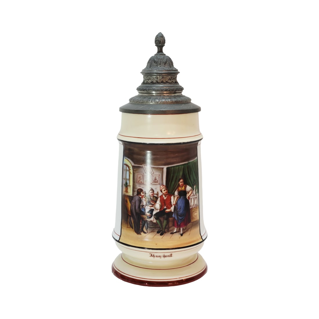 Antique Stein, German Beer Stein, Family Table Scene: 1.0 Porcelain hand embellished transfer under glaze with very nice lithophane and great engraved pewter lid, circa early 1900