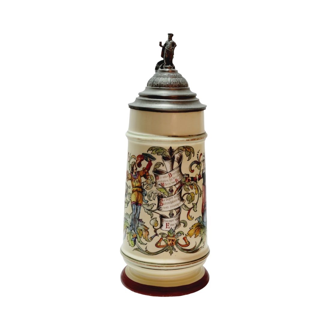 Antique Stein, German Beer Stein, Landsknecht & Maiden with Saying: 2.0 Liter porcelain hand embellished transfer under matte glaze with fantastic engraved pewter lid, circa late 1890's