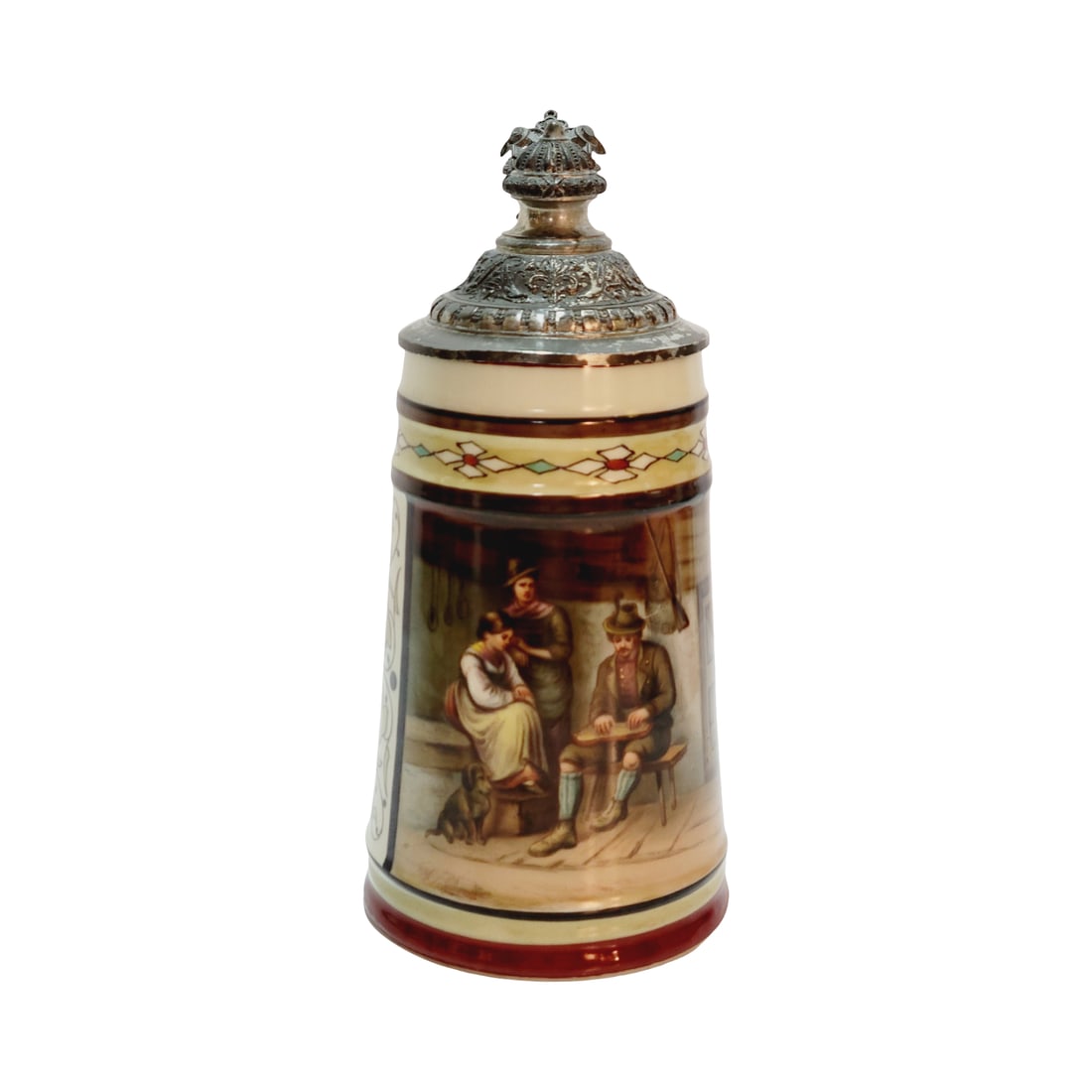 Antique Stein, German Beer Stein, The Zither Player: 1.0 Liter porcelain hand embellished transfer under glaze with nice pewter lid, nice mosaic and floral decorations, circa late 1800's