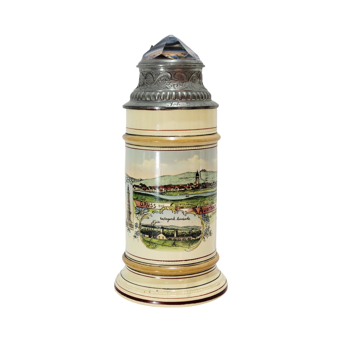 Antique Stein, German Beer Stein, Greetings From Auerbach: 1/2 Liter pottery transfer over glaze with an engraved replacement pewter lid with prism, circa early 1900