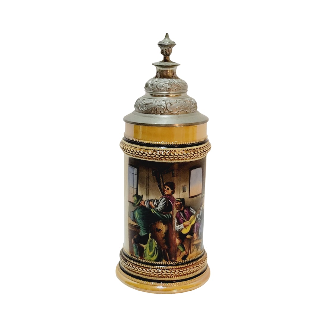 Marzi & Remy Stein, German Beer Stein, Beer Maiden in Tavern: 1/2 Liter pottery hand embellished transfer over glaze with very nice pewter lid, circa late 1890's