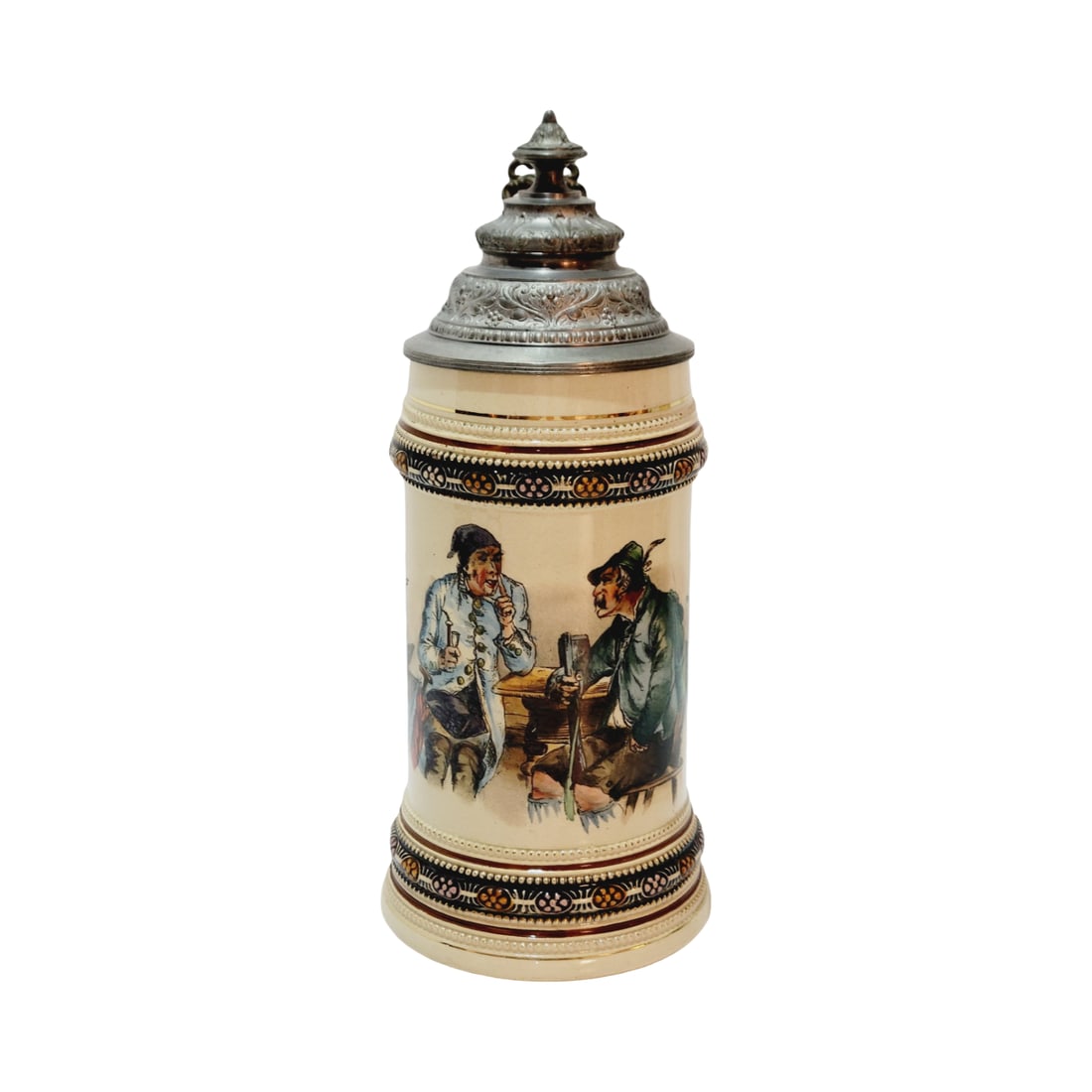 Merkelbach & Wick Stein, German Beer Stein, 2 Men Talking with a Saying: 1/2 Liter pottery hand embellished transfer under glaze with nice pewter lid, circa late 1890's