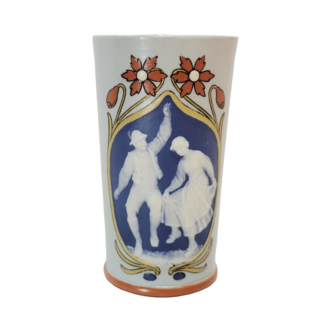 Villeroy & Boch Mettlach #2815, German Beaker, German Couple Dancing: 1/4 Liter pottery etched cameo in relief, circa 1908