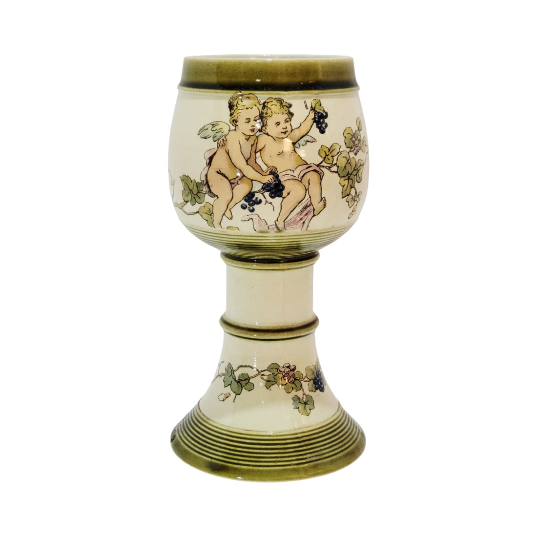 Villeroy & Boch Mettlach #2954/1194, German Wine Glass, Cherubs in Grape Vines: 1/4 Liter pottery print under glaze, circa 1904