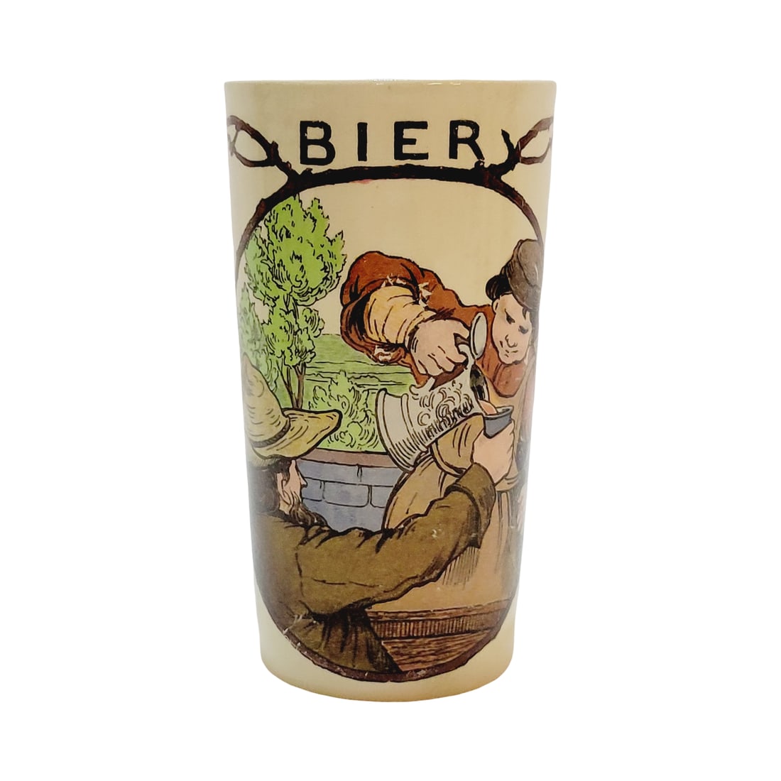 Villeroy & Boch Mettlach #2327/1178, German Beaker, Man Pouring Bier: 1/4 Liter pottery print under glaze with handle, circa 1904