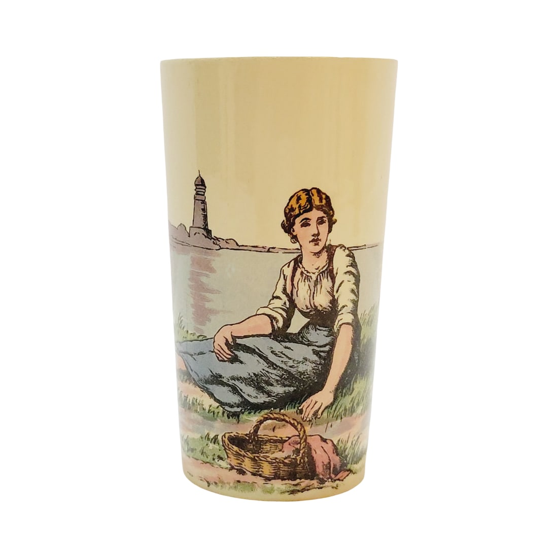Villeroy & Boch Mettlach #2327/1189, German Beaker, Dutch Woman at the Shore: 1/4 Liter pottery print under glaze, circa 1908