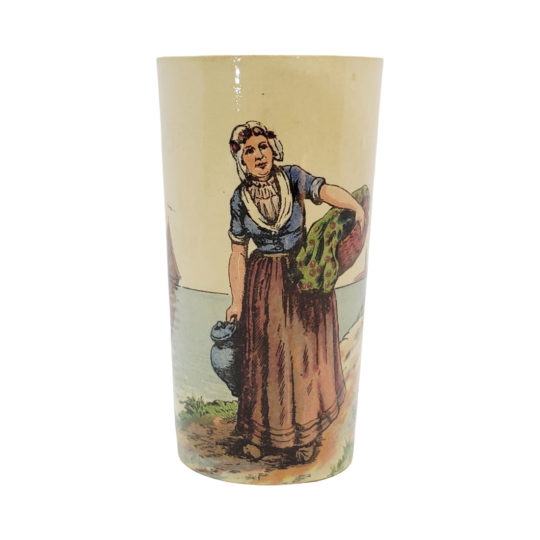 Villeroy & Boch Mettlach #2327/1178, German Beaker, Woman Holding Basket: 1/4 Liter pottery print under glaze, circa 1905