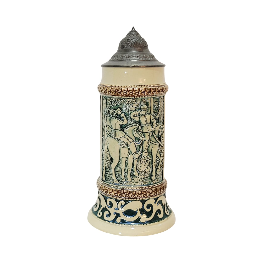 Adolf Diesinger #20, German Beer Stein, Mounted Soldiers Drinking: 1/2 Liter pottery in raised relief with pewter lid, Text - For glory and country, The final argument of kings, circa 1890's