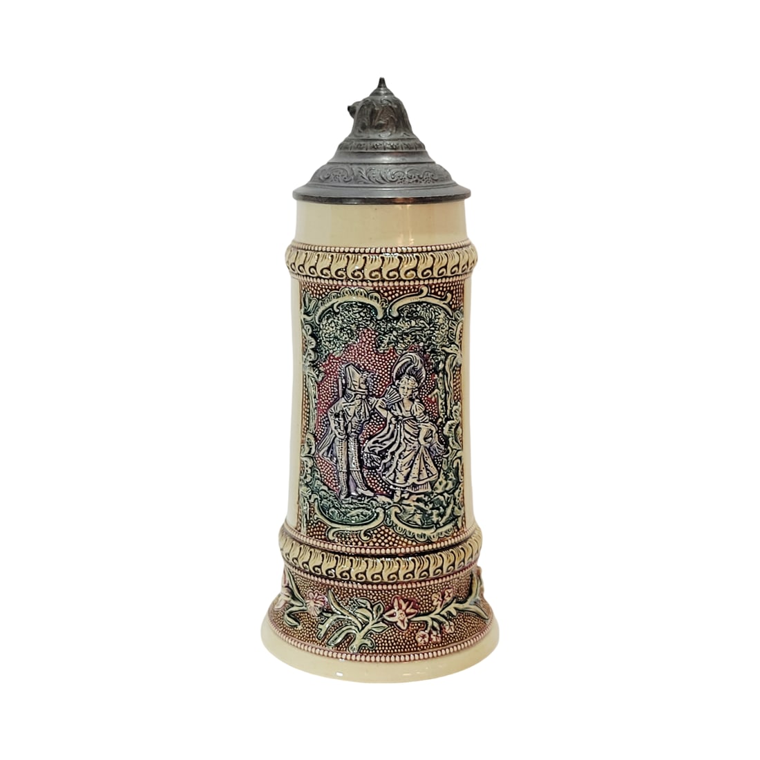 Adolf Diesinger #531, German Beer Stein, Courting Couple: 1/2 Liter pottery in threaded relief with pewter lid, Text - In happiness and sorrow drink all the time & With drink and good humor the heart stays happy, circa late 1890's