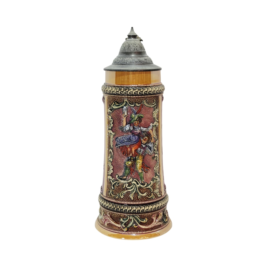 Adolf Diesinger #510, German Beer Stein, Dancing Couple: 1.0 Liter pottery in threaded relief, full color with pewter lid, Text - As long as I live, I want to drink, and when I die I want to drown in the barrel, Happily awake each morning, drink your jug wi