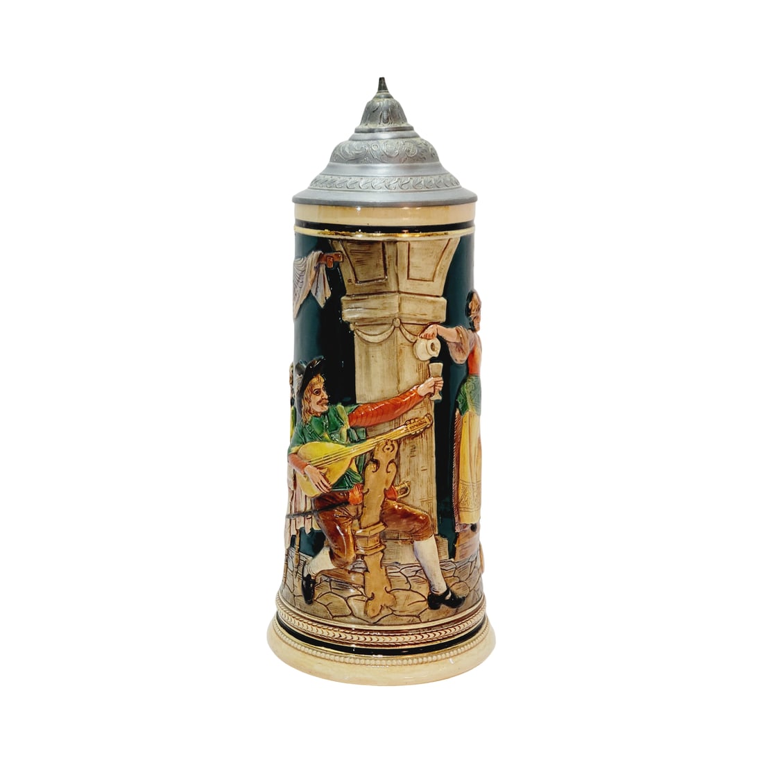 Matthias Girmscheid #336, German Beer Stein, Refill My Cup!: 1.0 Liter pottery in raised relief, in full color with pewter lid, circa 1890's
