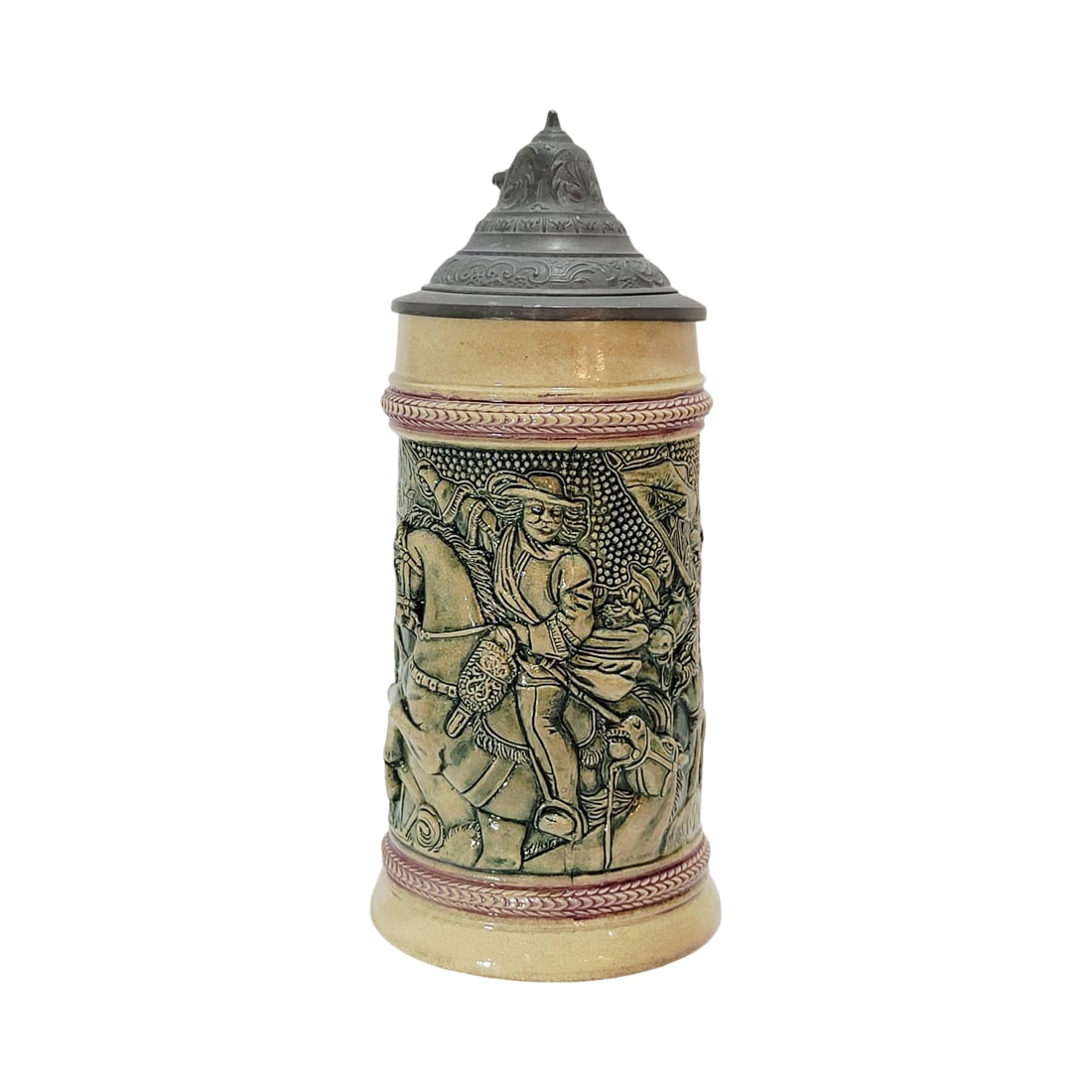 Adolf Diesinger #73, German Beer Stein, General Tilley: 1/2 Liter pottery in threaded relief with pewter lid, circa 1890's