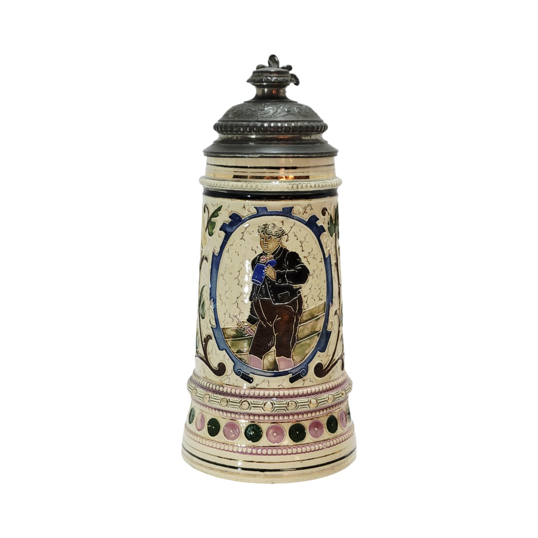 Adolf Diesinger #1192, German Beer Stein, Man with Stein: 1/2 Liter pottery in relief, in full color with very nice pewter lid, circa 1900's