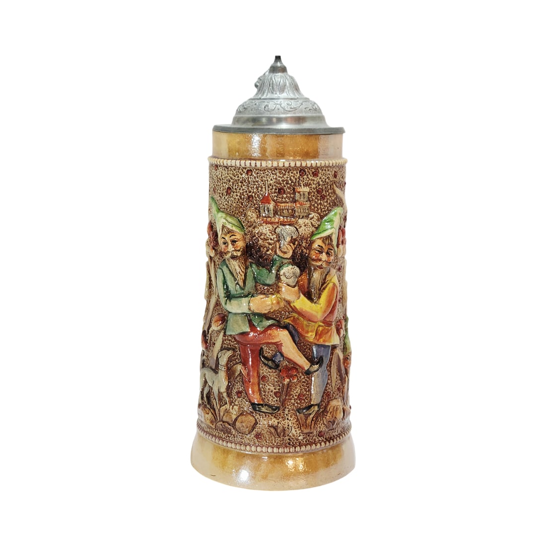 Adolf Diesinger #777, German Beer Stein, Dancing Gnomes: 1/2 Liter pottery in raised relief, in full color with pewter lid, Text - Loved, drank, sang, as did the old so do the young, circa late 1890's