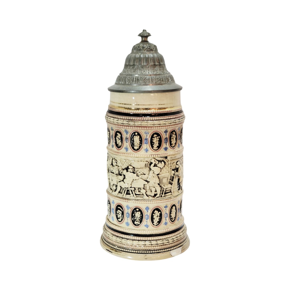 Adolf Diesinger #8, German Beer Stein, Tavern Scene: 1/2 Liter pottery in relief, in full color with pewter lid, circa early 1890's