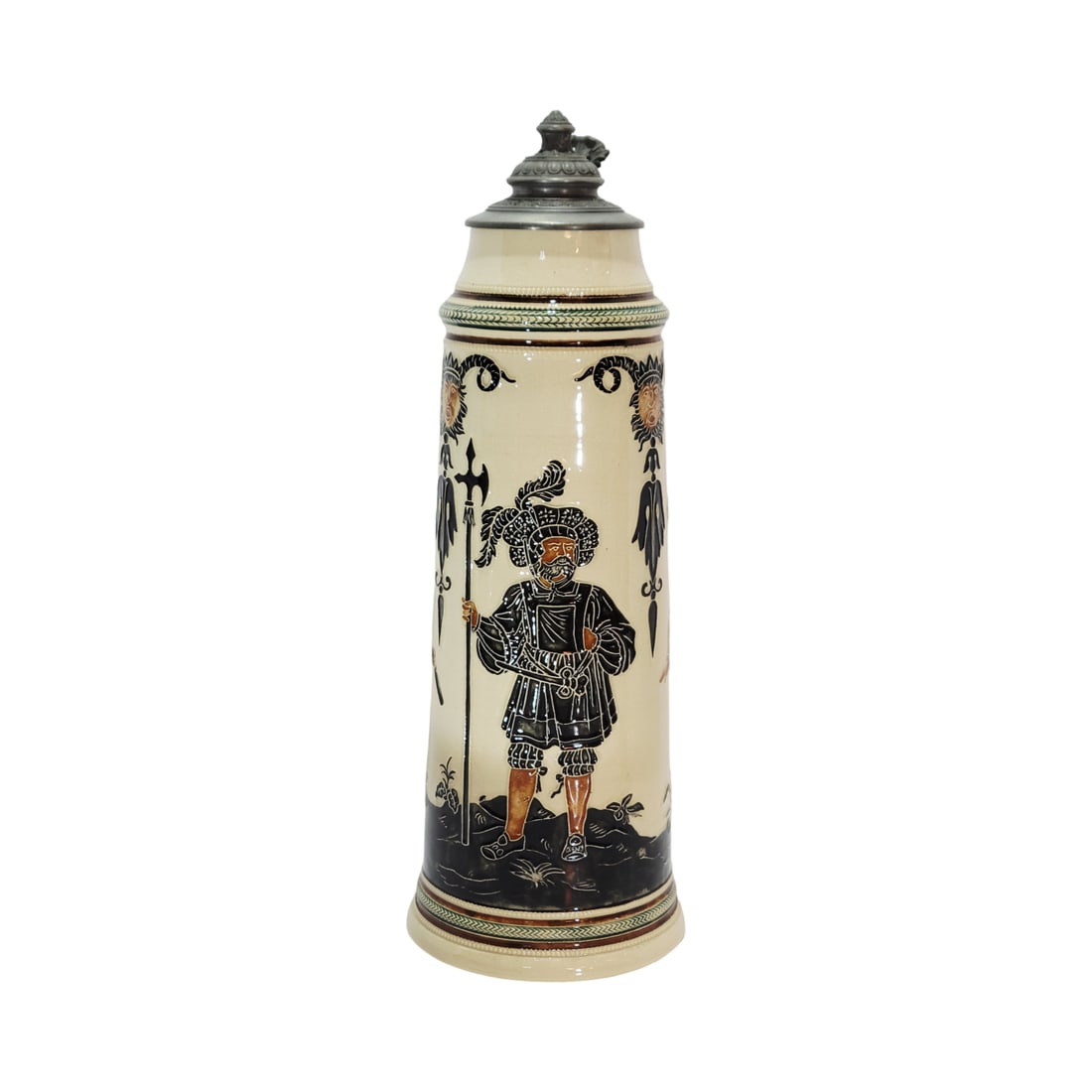 Adolf Diesinger Stein, German Beer Stein, Three Landsknechts with Battle Axes: 2.0 Liter pottery in full color glazed relief with nice pewter lid, marked #701, circa late 1890's