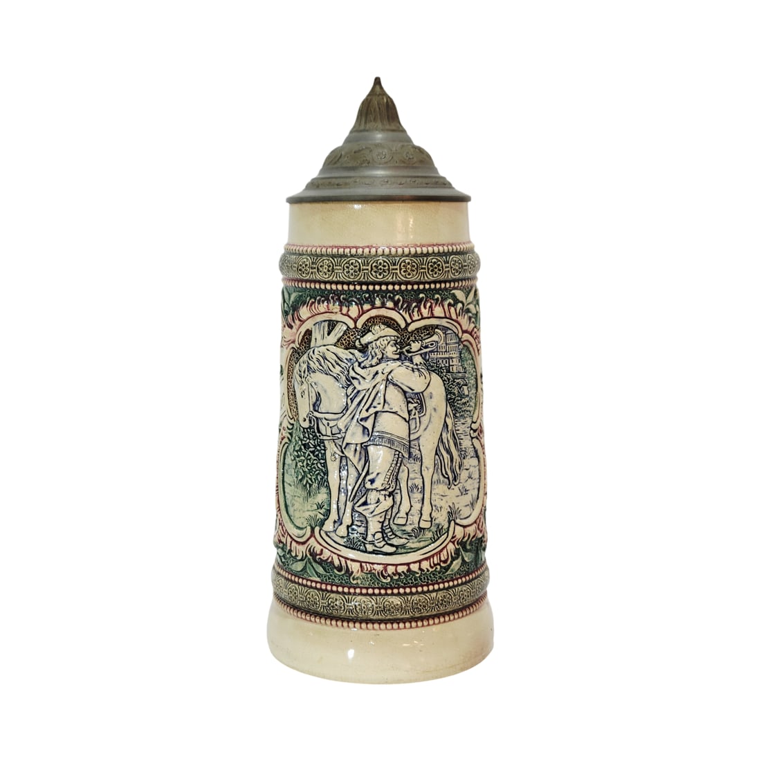 Adolf Diesinger #207, German Beer Stein, Farewell: 1.0 Liter pottery in raised relief with pewter lid, Text - May God protect you, it would have been so nice, circa early 1890's