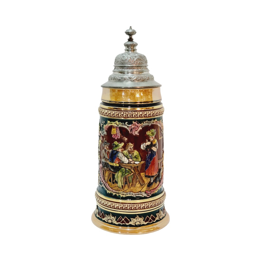 A. J. Thewalt #223, German Beer Stein, Decorating a Hat: 1.0 Liter pottery in raised relief, in full color with nice pewter lid, Text - May the drink be clear, the love be true, circa 1890's