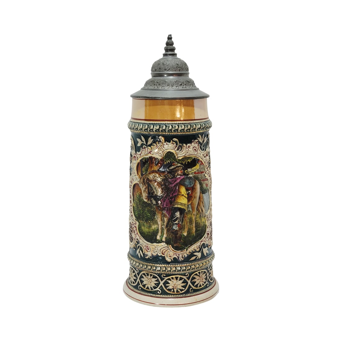 Adolf Diesinger #205, German Beer Stein, Farewell: 1.0 Liter pottery in raised relief, in full color with pewter lid, Text - May God watch over you, it would have been so nice, circa 1890's