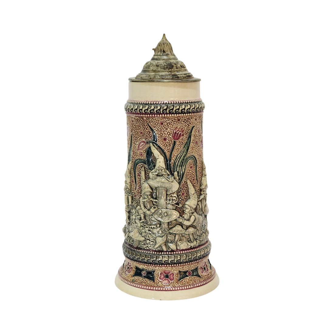 Adolf Diesinger #925, German Beer Stein, Gnomes on Mushrooms: 1.0 Liter pottery in raised threaded relief with pewter lid, circa early 1900's