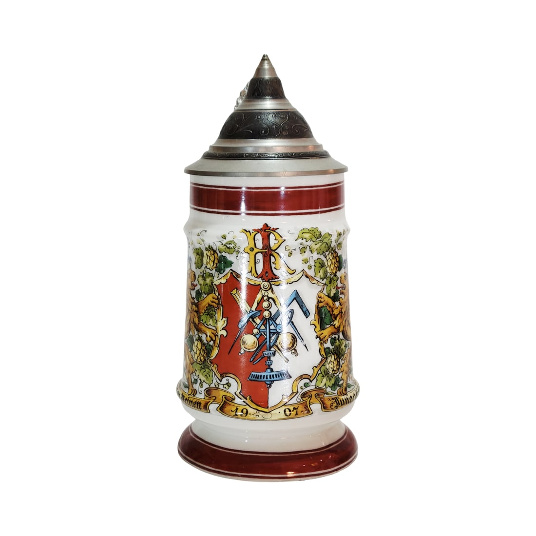 Porcelain Stein, German Beer Stein, Architectural Stein: 1/2 Liter porcelain hand painted transfer with pewter lid and lithophane, circa 1907