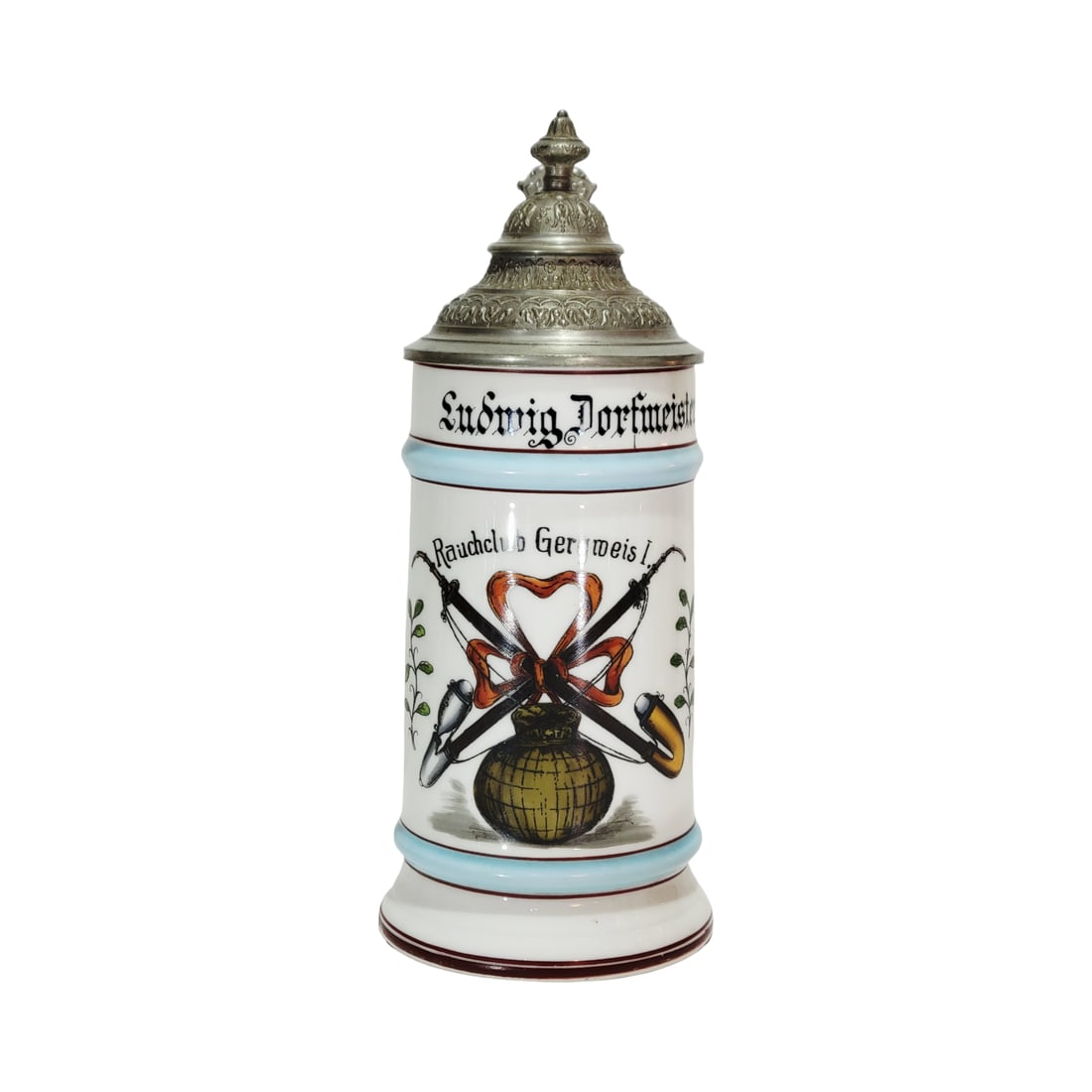 Porcelain Stein, German Beer Stein, Rauschclub Gergweis I. - Smoker Club: 1/2 Liter porcelain hand painted transfer with pewter lid and lithophane, named to Ludwig Dorfmeister, circa 1890's