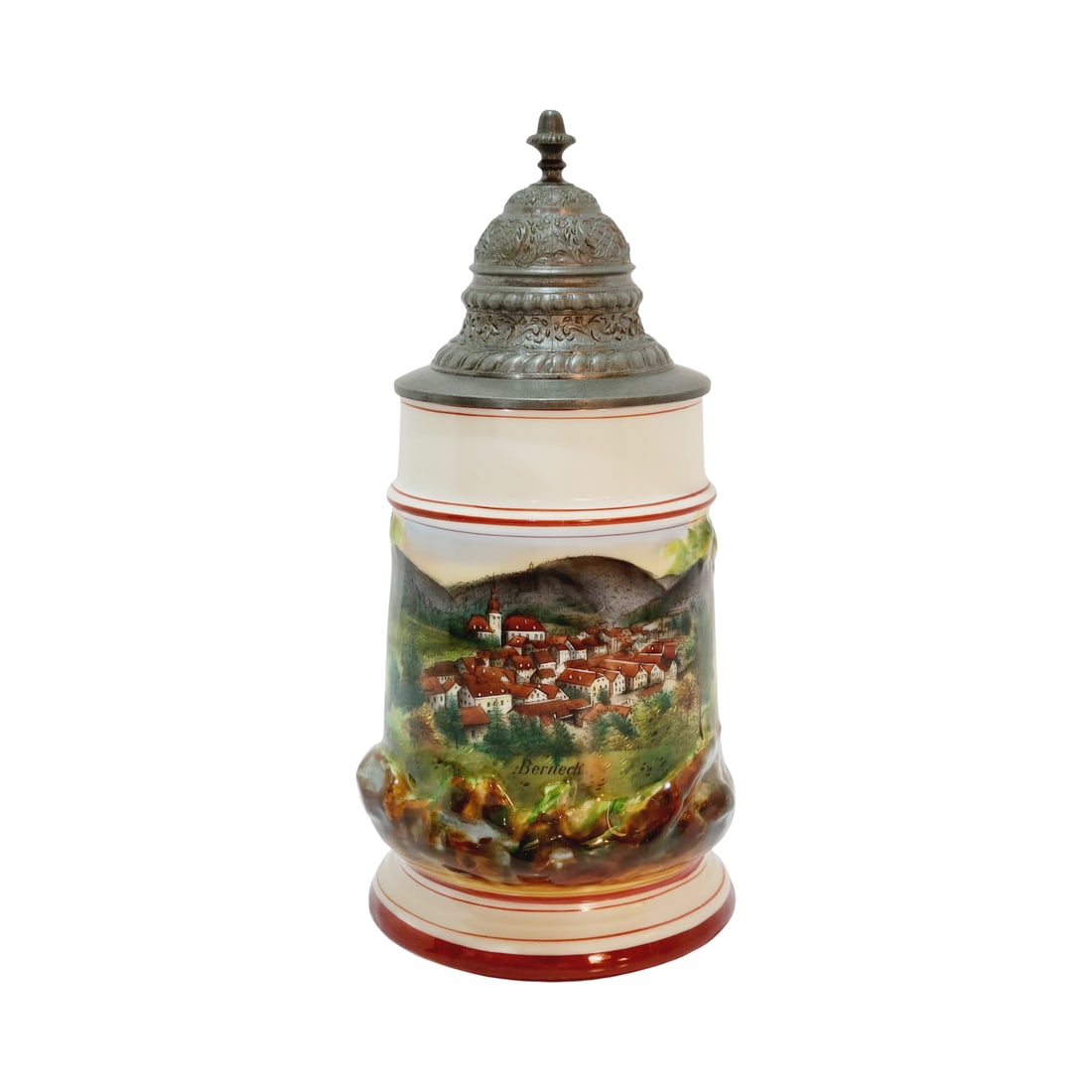 Porcelain Stein, German Beer Stein, City of Berneck: 1/2 Liter porcelain hand painted with pewter lid and lithophane, has wraparound tree limb body, circa 1890's
