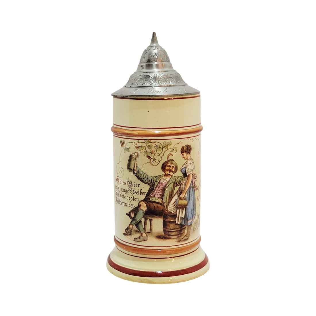 Porcelain Stein, German Beer Stein, German Couple with Saying: 1/2 Liter pottery hand painted transfer with engraved pewter lid, circa 1890's