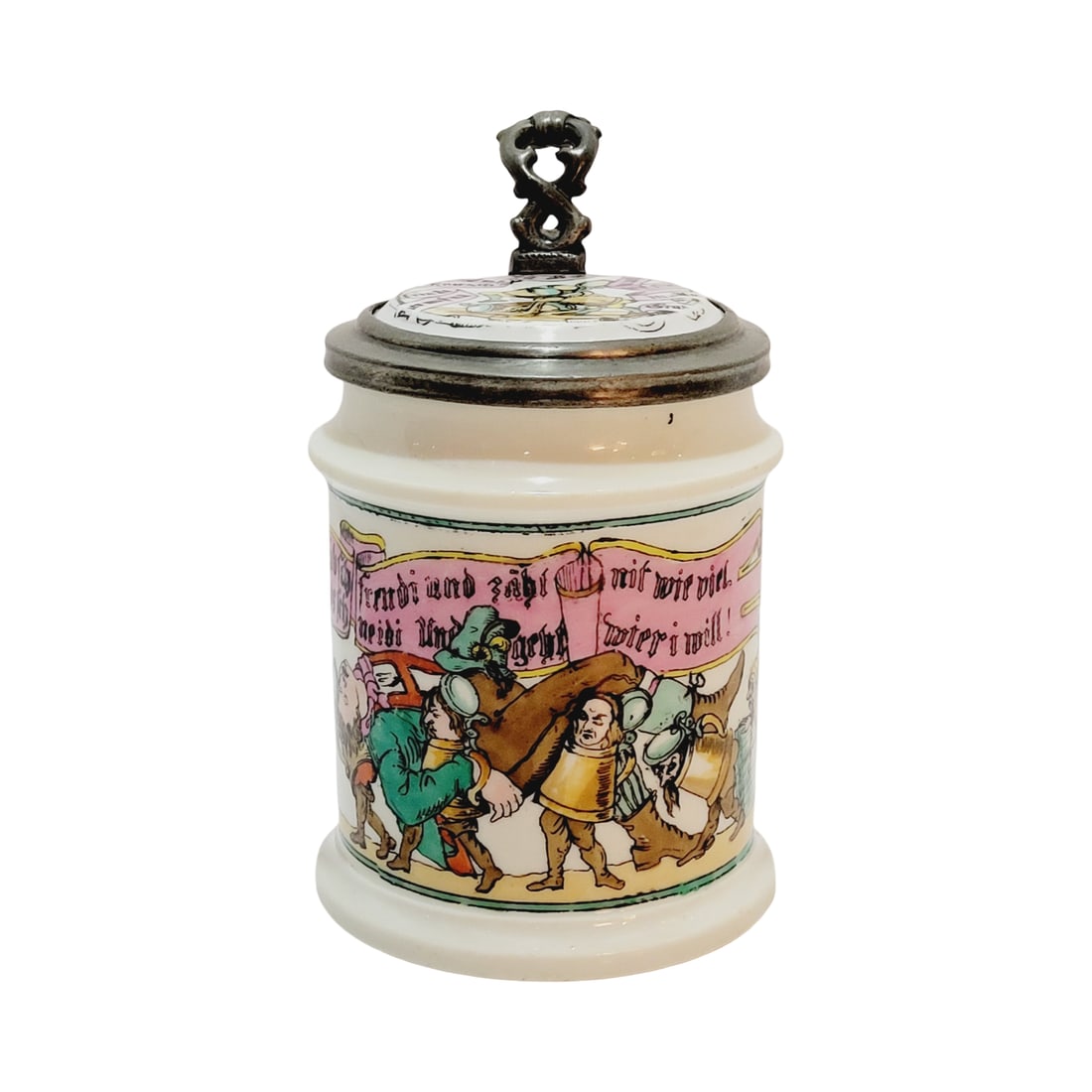 Porcelain Stein, German Beer Stein, Beer Steins Carrying Drunk: 1/2 Liter porcelain hand painted transfer with porcelain hand painted transfer inlay lid, Text - I drink dashingly, without a bashing. Joyfully, without counting. I don't envy you, I drink as I will, 