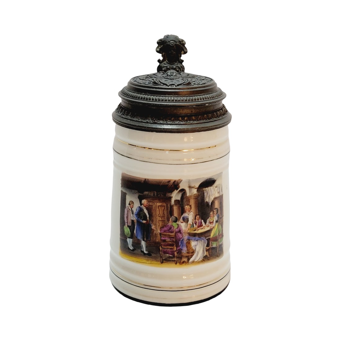 Porcelain Stein, German Beer Stein, Family Table Scene: 1/2 Liter porcelain hand embellished transfer with great pewter lid and unusual lithophane, circa 1890's