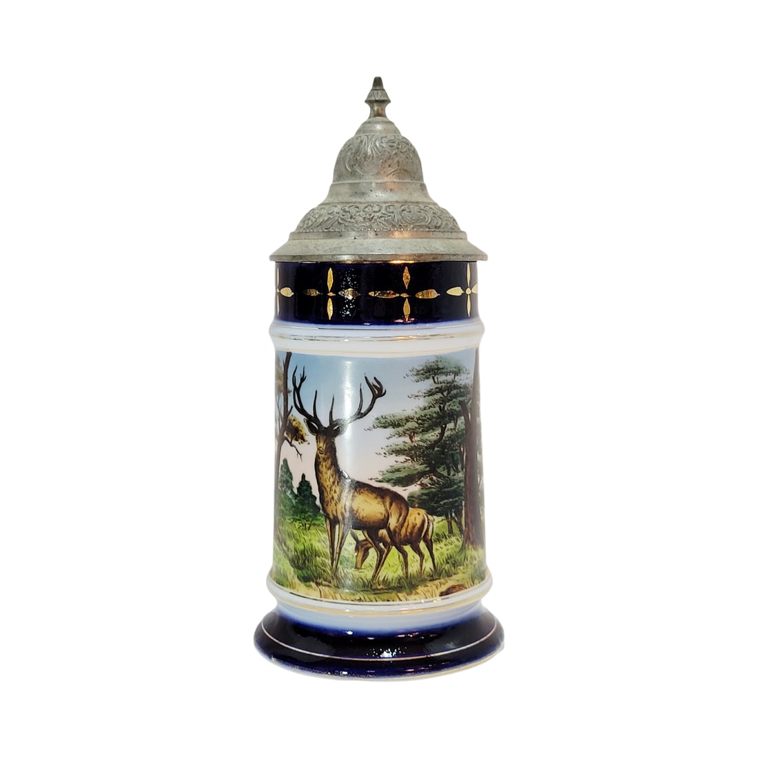 Porcelain Stein, German Beer Stein, Stag Stein: 1/2 Liter porcelain hand embellished transfer with nice pewter lid and unusual lithophane, circa 1900's