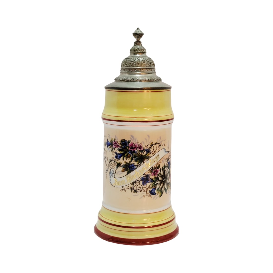 Porcelain Stein, German Beer Stein, Presentation Stein: 1/2 Liter porcelain hand embellished transfer with pewter lid and lithophane, circa late 1890's