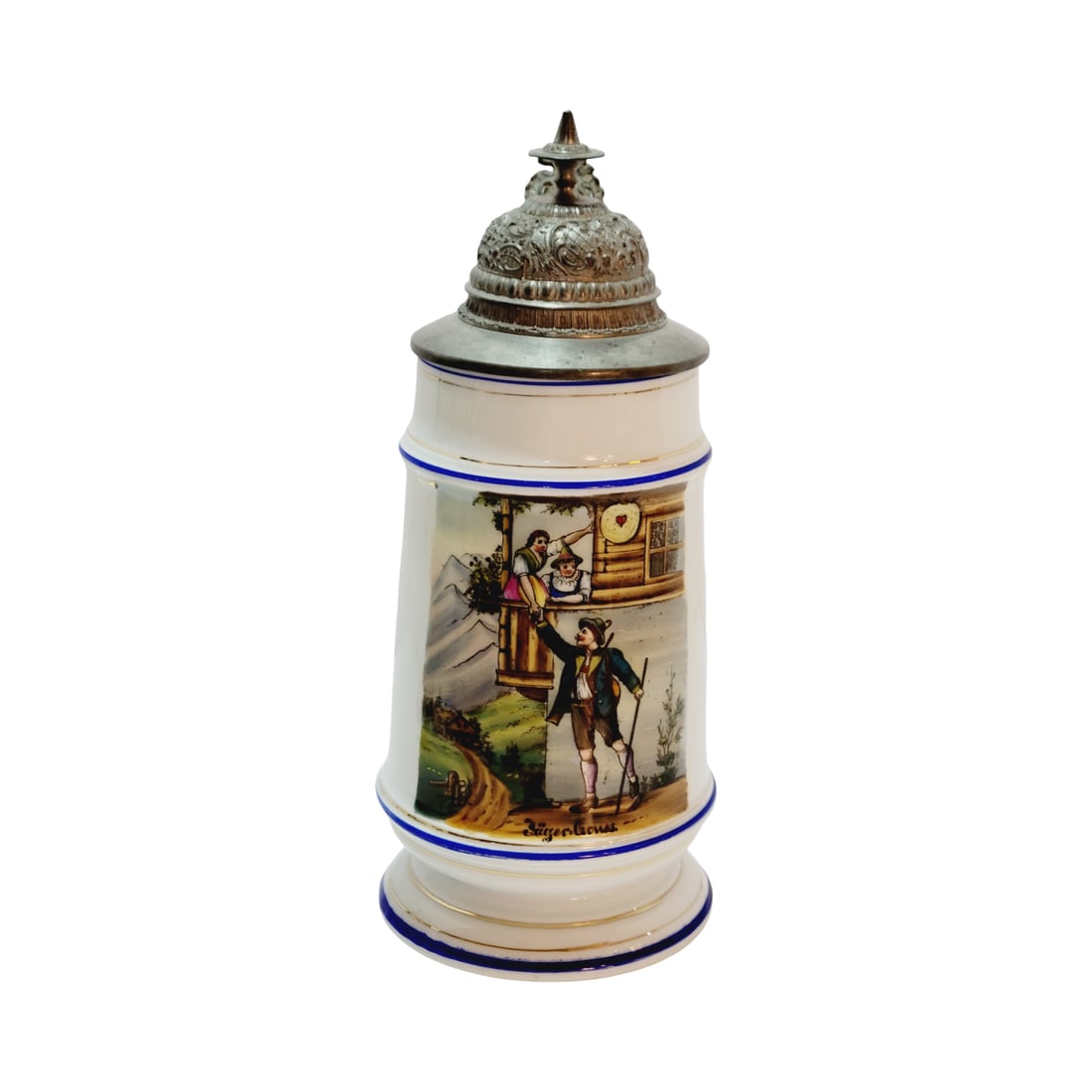 Porcelain Stein, German Beer Stein, Saying Farewell: 1.0 Liter porcelain hand embellished with nice pewter lid and lithophane, circa early 1900's