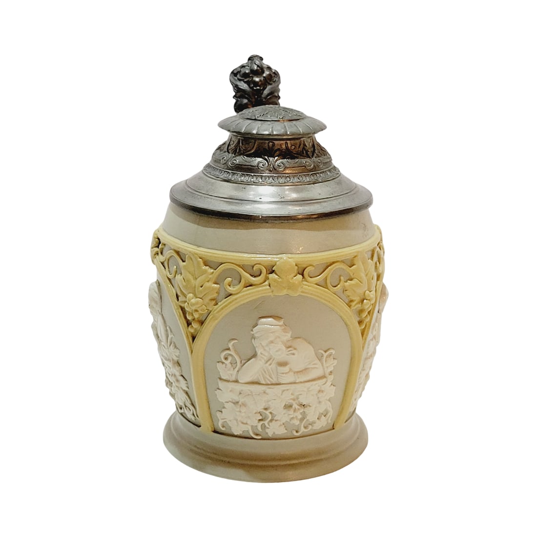 Mettlach Stein #1266, German Beer Stein, Drinking Scenes: 1/4 Liter stoneware in relief, grey background with nice pewter lid, design attributed to Ludwig Foltz II, circa 1897
