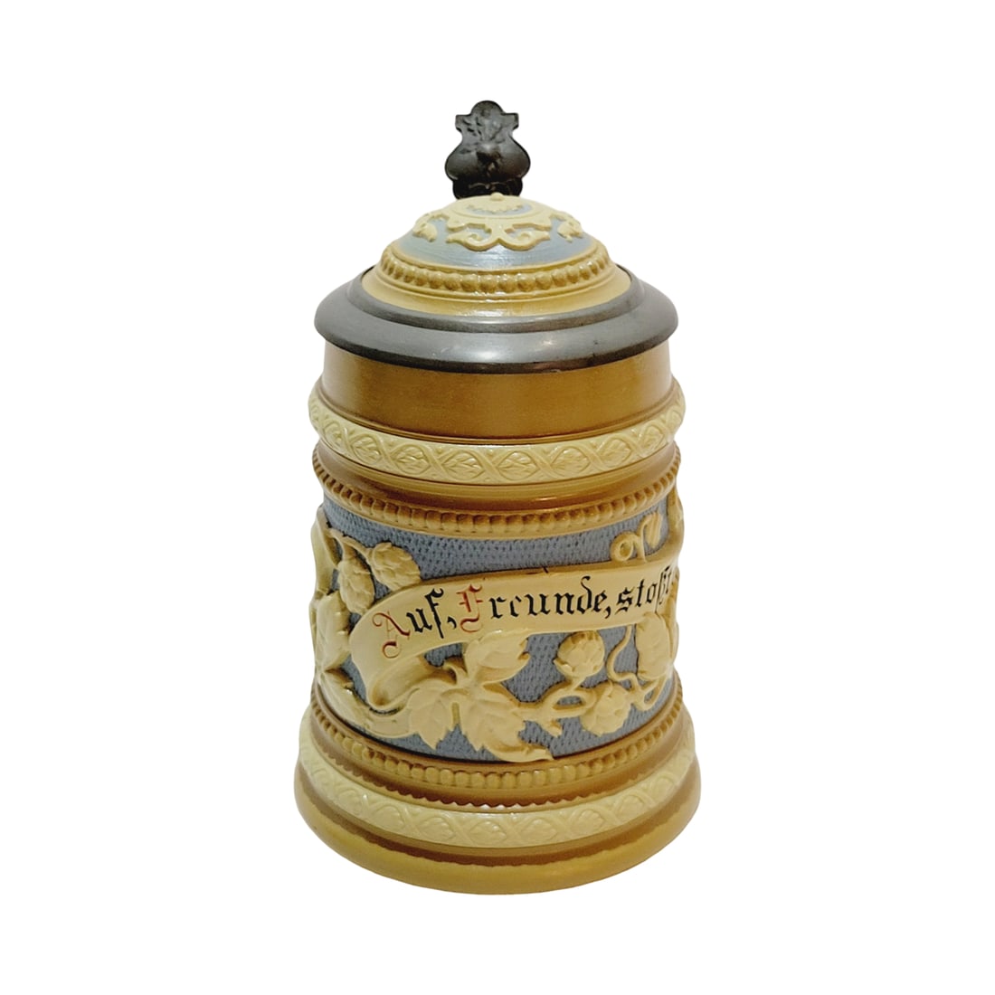 Mettlach Stein #1740, German Beer Stein, Drinking Verse: 1/4 Liter pottery in relief with pottery inlay lid, signed by Matthias Hein, Text - Up, friends, clink glasses, circa 1897