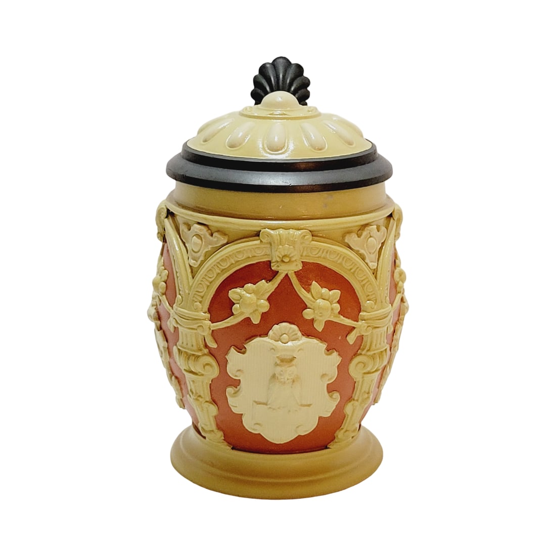 Mettlach Stein #2077, German Beer Stein, Coats-of-Arms and Symbols: 1/2 Liter stoneware in relief, terra cotta background with stoneware inlay lid, design attributed to Ludwig Foltz II, circa 1893