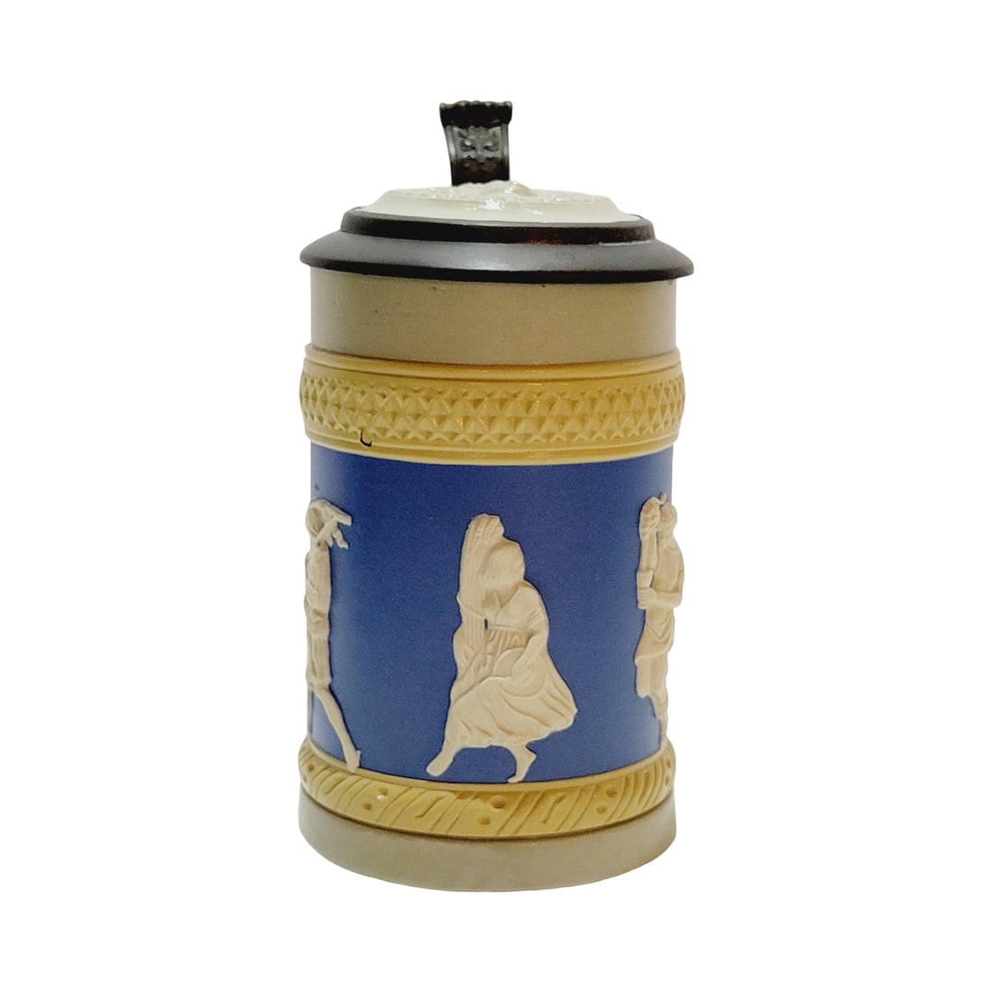 Mettlach Stein #171, German Beer Stein, Four Seasons Stein: 1/2 Liter stoneware in relief, blue background with stoneware inlay lid, design attributed to Ludwig Foltz II, circa 1893