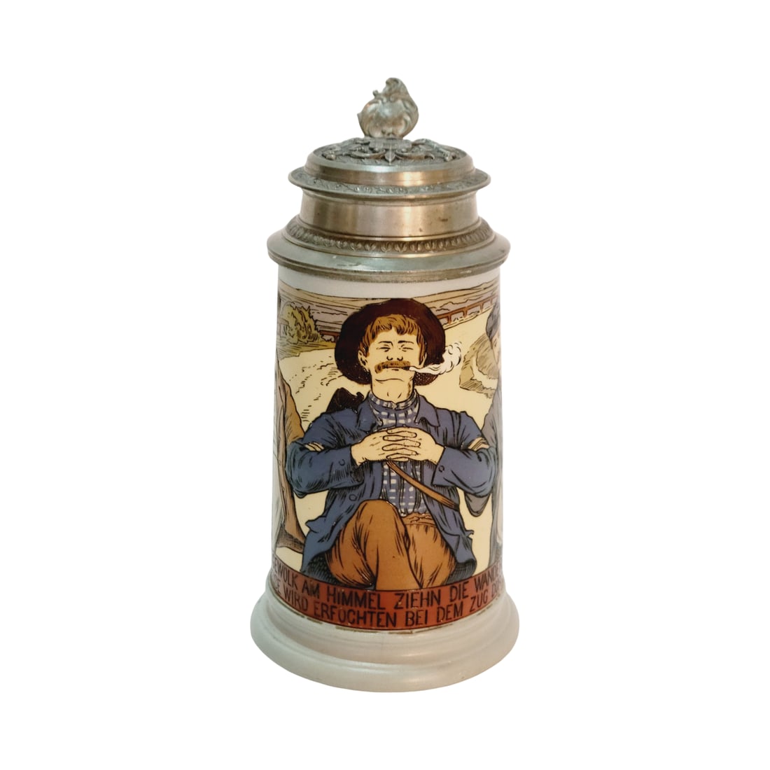 Mettlach Stein #2888, German Beer Stein, Carefree German Men: 1/2 Liter stoneware etched with very nice original pewter lid, signed MC, Text - Carefree as the clouds in the sky the traveling journeymen keep wandering. Drink and food they manage to acquire when g