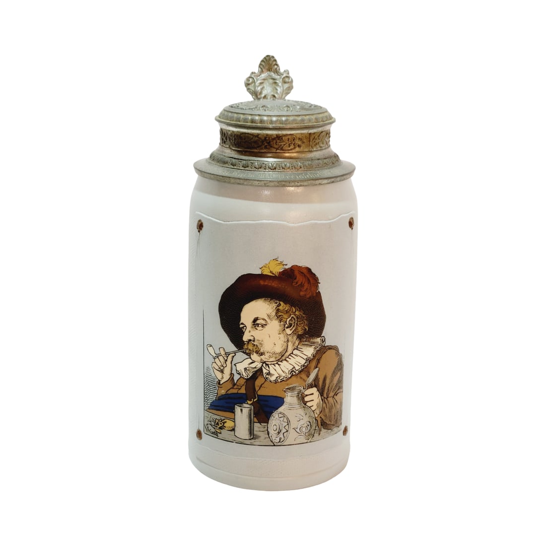 Mettlach Stein #1641, German Beer Stein, Dutchman Smoking: 1.0 Liter stoneware etched with very nice engraved pewter lid, circa 1898