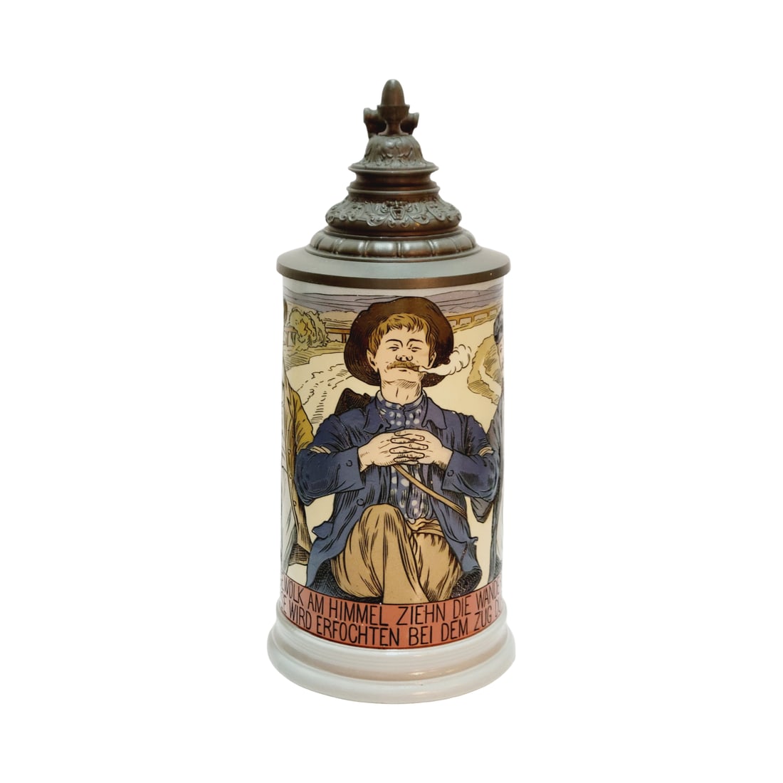 Mettlach Stein #2888, German Beer Stein, Carefree German Men: 1.0 Liter stoneware etched with great original pewter lid, signed by MC, Text - Carefree as the clouds in the sky the traveling journeymen keep wandering. Drink and food they manage to acquire when go