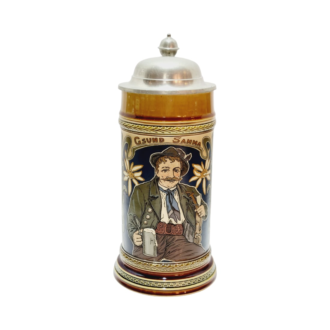 Mettlach Stein #2745, German Beer Stein, Healthy Together: 1.0 Liter pottery etched with pewter lid, circa 1901