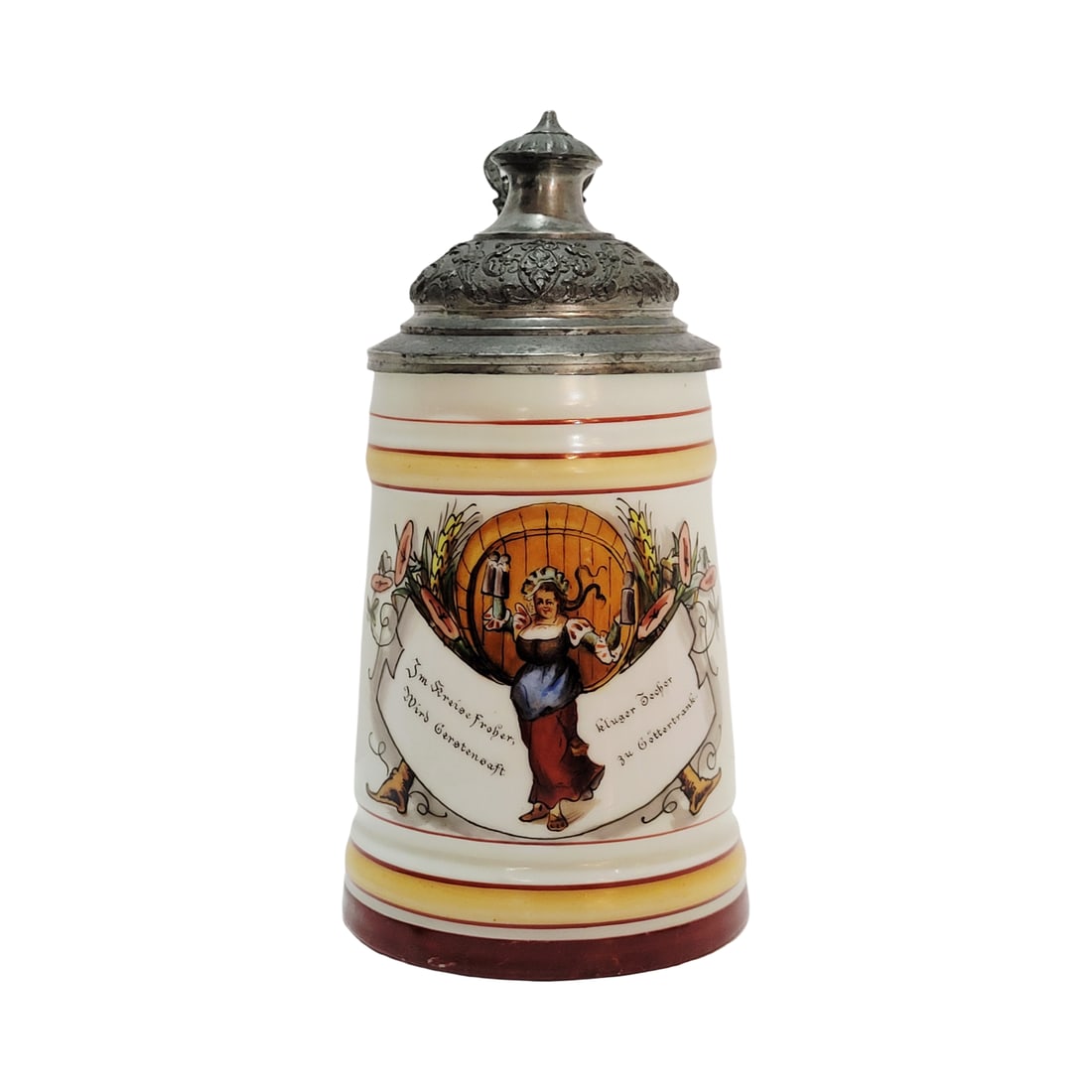 Porcelain Stein, German Beer Stein, Barmaid with Saying: 0.4 Liter porcelain hand embellished transfer with nice pewter lid and lithophane, circa 1880's