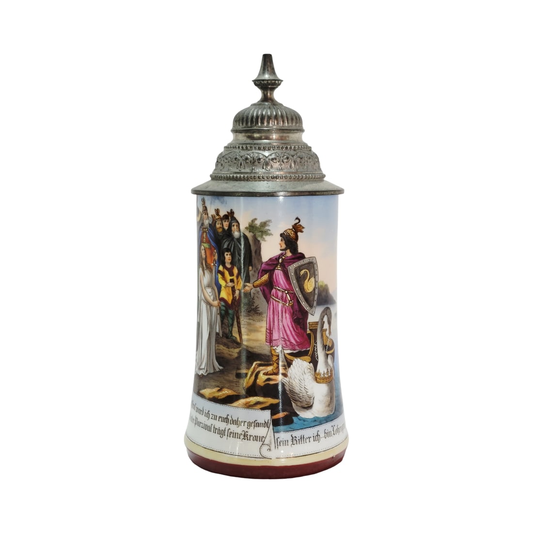 Porcelain Stein, German Beer Stein, Lohengrin's Return: 0.4 Liter porcelain hand embellished transfer with nice pewter lid and lithophane, circa 1880's