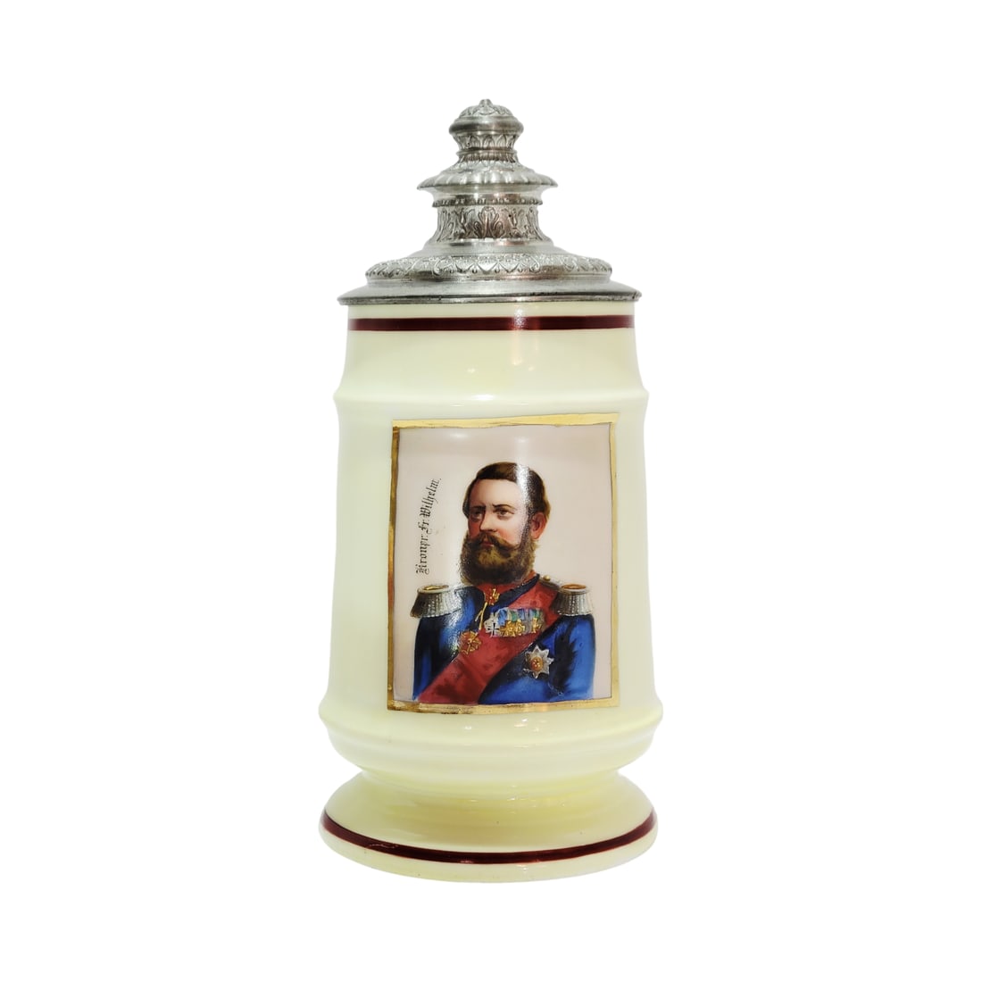 Porcelain Stein, German Beer Stein, Crown Prince Fr. Wilhelm: 1/2 Liter porcelain hand painted with very nice pewter lid and lithophane, circa 1880's