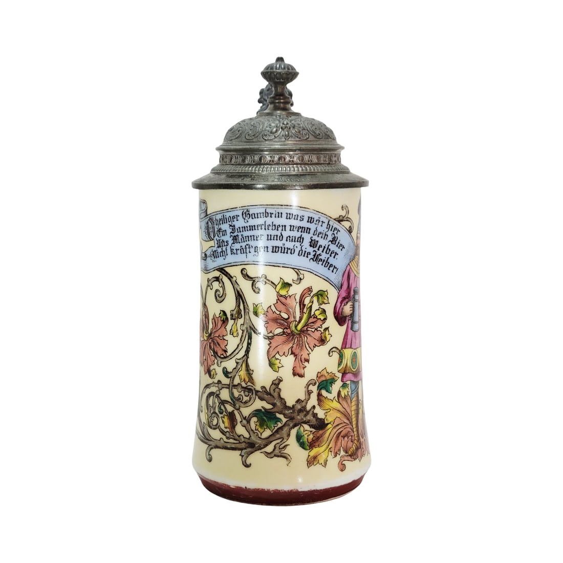 Porcelain Stein, German Beer Stein, Herman The German with Saying: 1/2 Liter hand embellished transfer with very nice engraved pewter lid and lithophane, circa 1890's