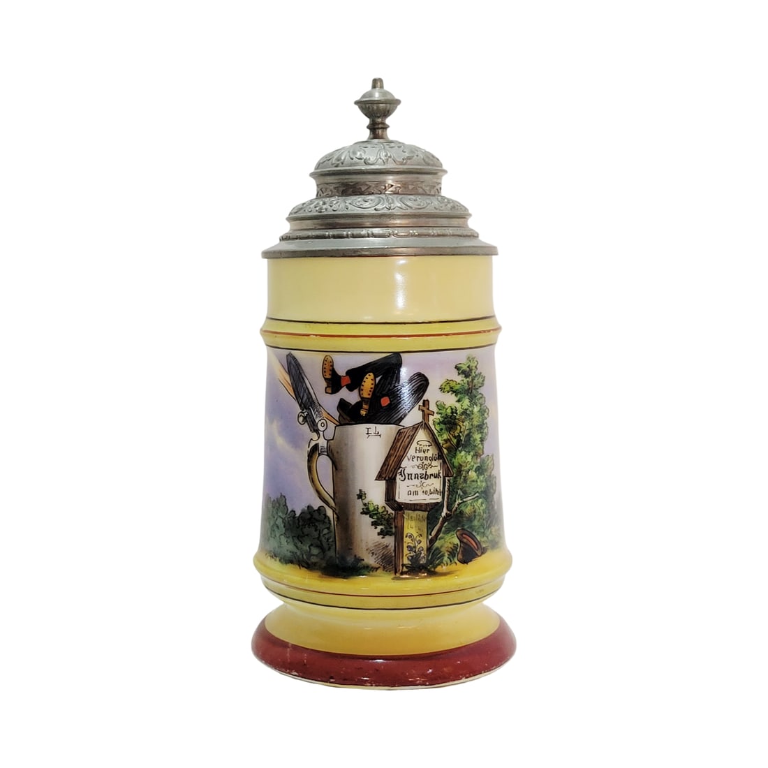Porcelain Stein, German Beer Stein, Drunk in the Beer Stein: 1/2 Liter hand embellished transfer with very nice pewter lid and lithophane, circa 1890's