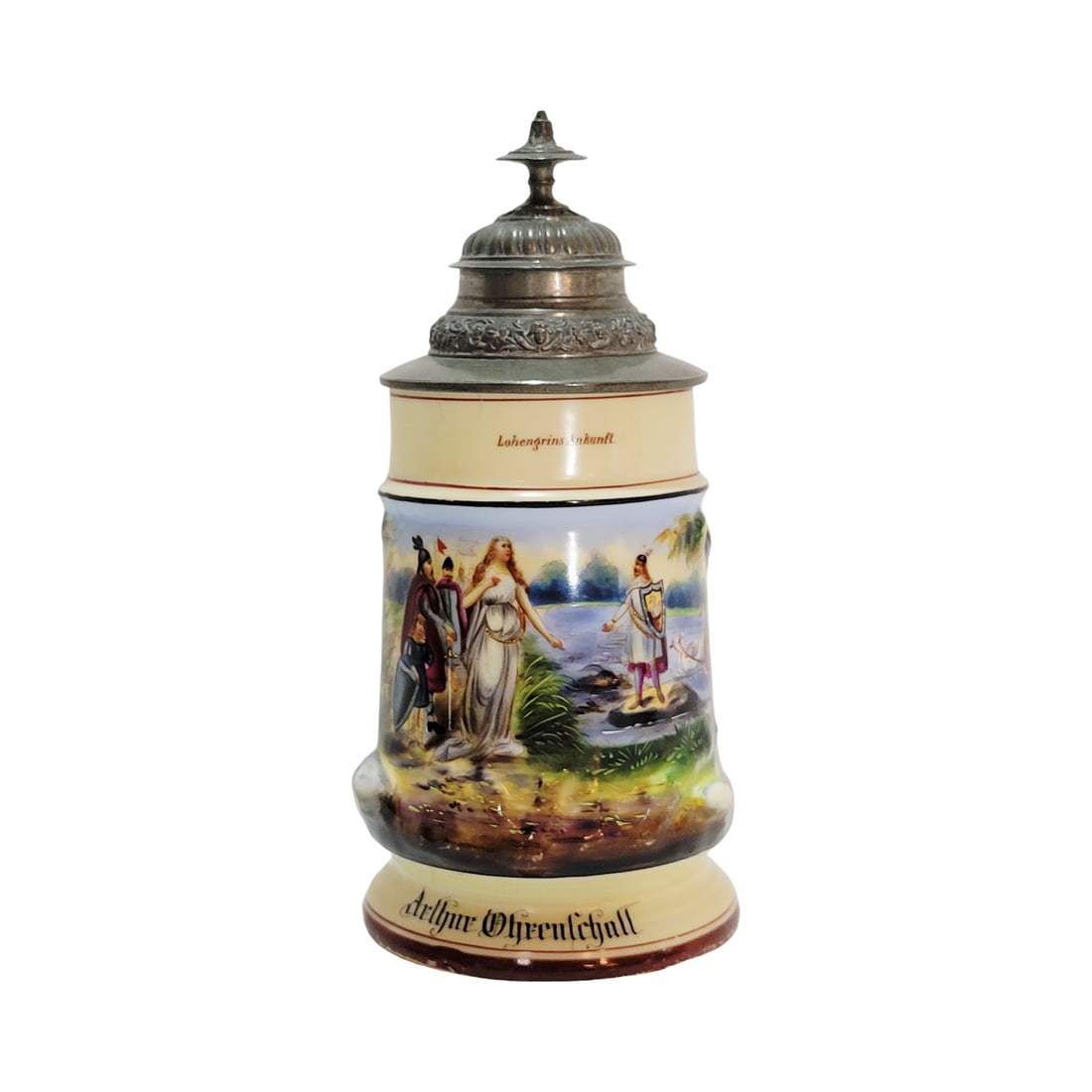 Porcelain Stein, German Beer Stein, Lohengrin's Return: 1/2 Liter hand embellished transfer with very nice pewter lid and lithophane, has a tree limb wraparound body, circa 1890's