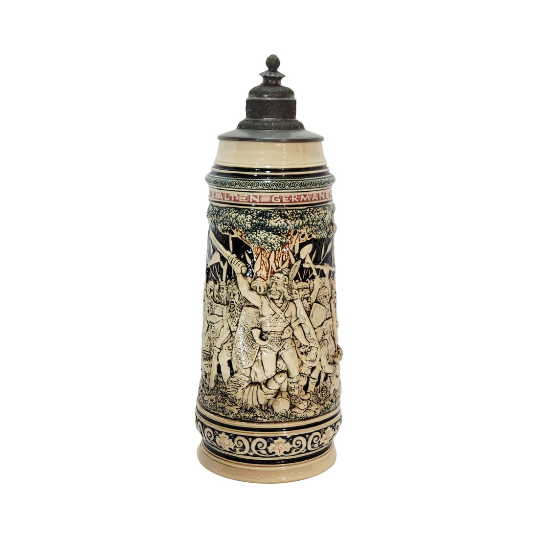 Dumler & Breiden #58, German Beer Stein, Cheruscan Battle Scene: 3.0 Liter pottery in raised relief with nice pewter lid, Text - The Old Germans, circa 1880's